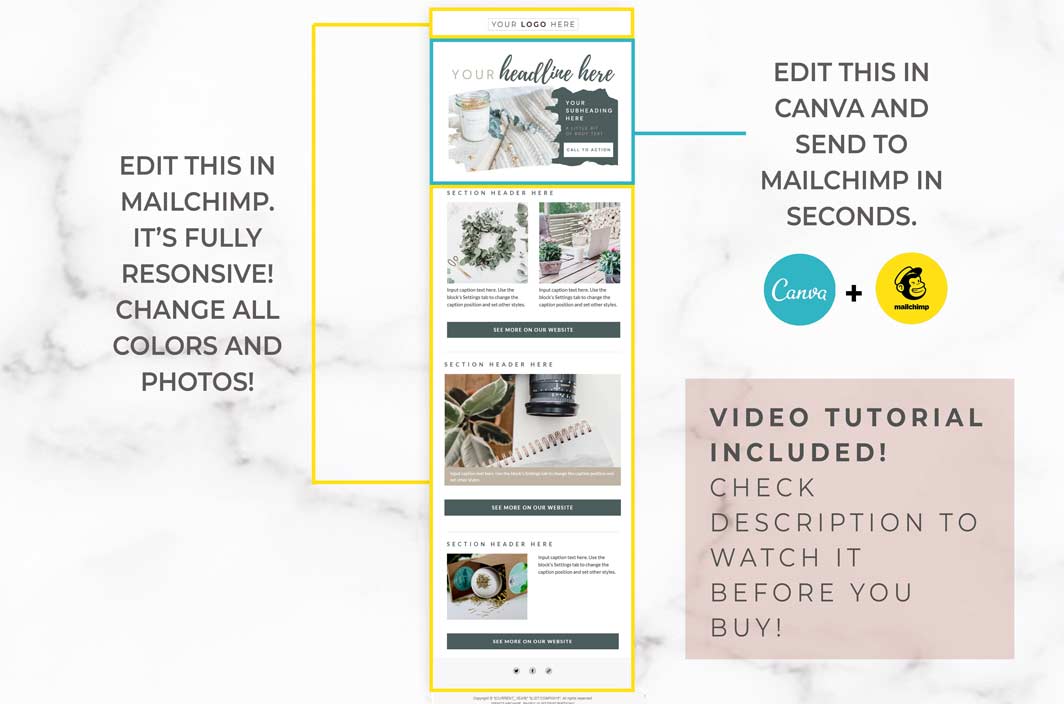 Email Template for Canva & Mailchimp – 3 Pack – Rustic Green & Gold