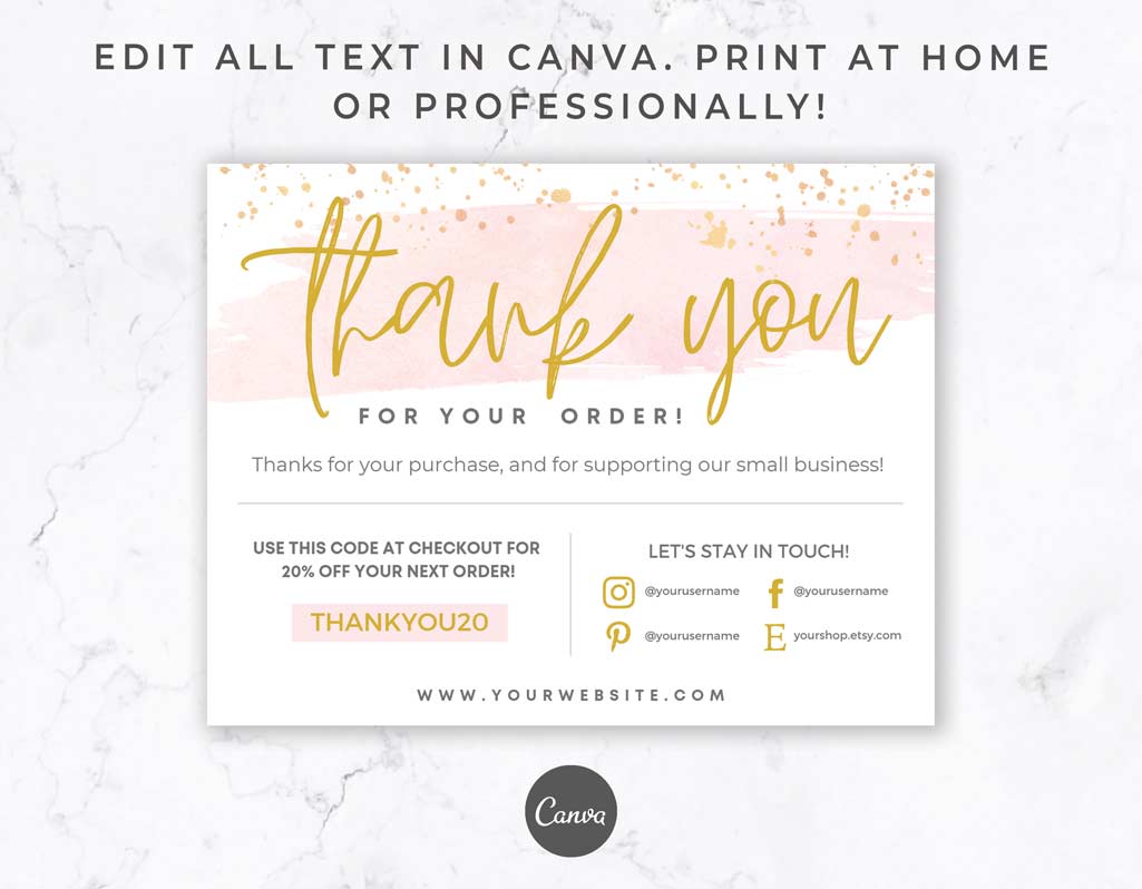 Editable Printable Thank You Card Template for Canva – Pink Watercolor