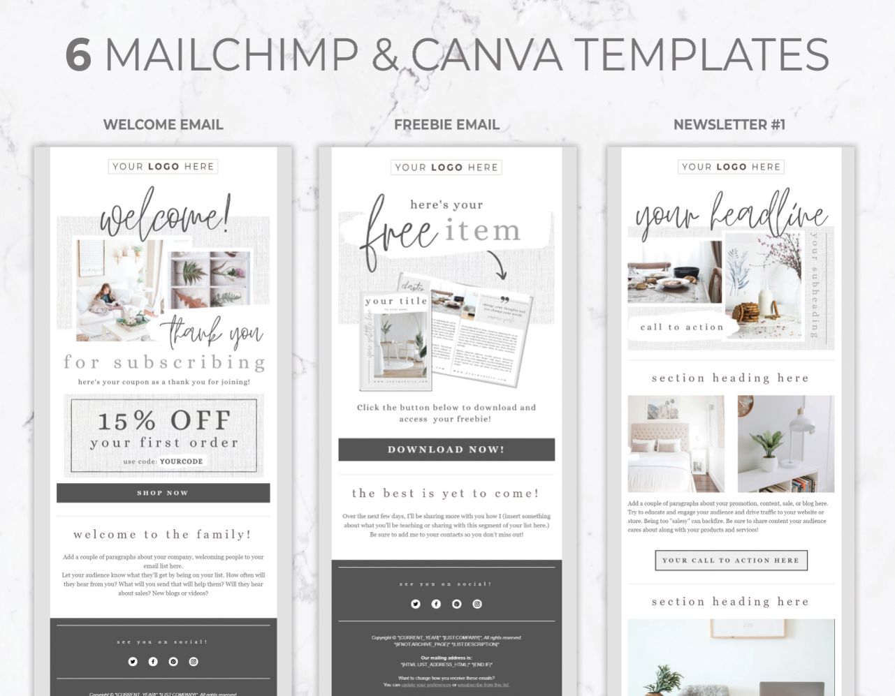 Email Template for Canva & Mailchimp - 6 Pack - White Linen