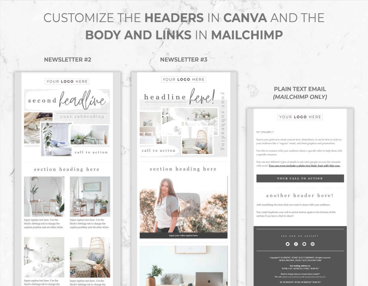 Email Template for Canva & Mailchimp - 6 Pack - White Linen