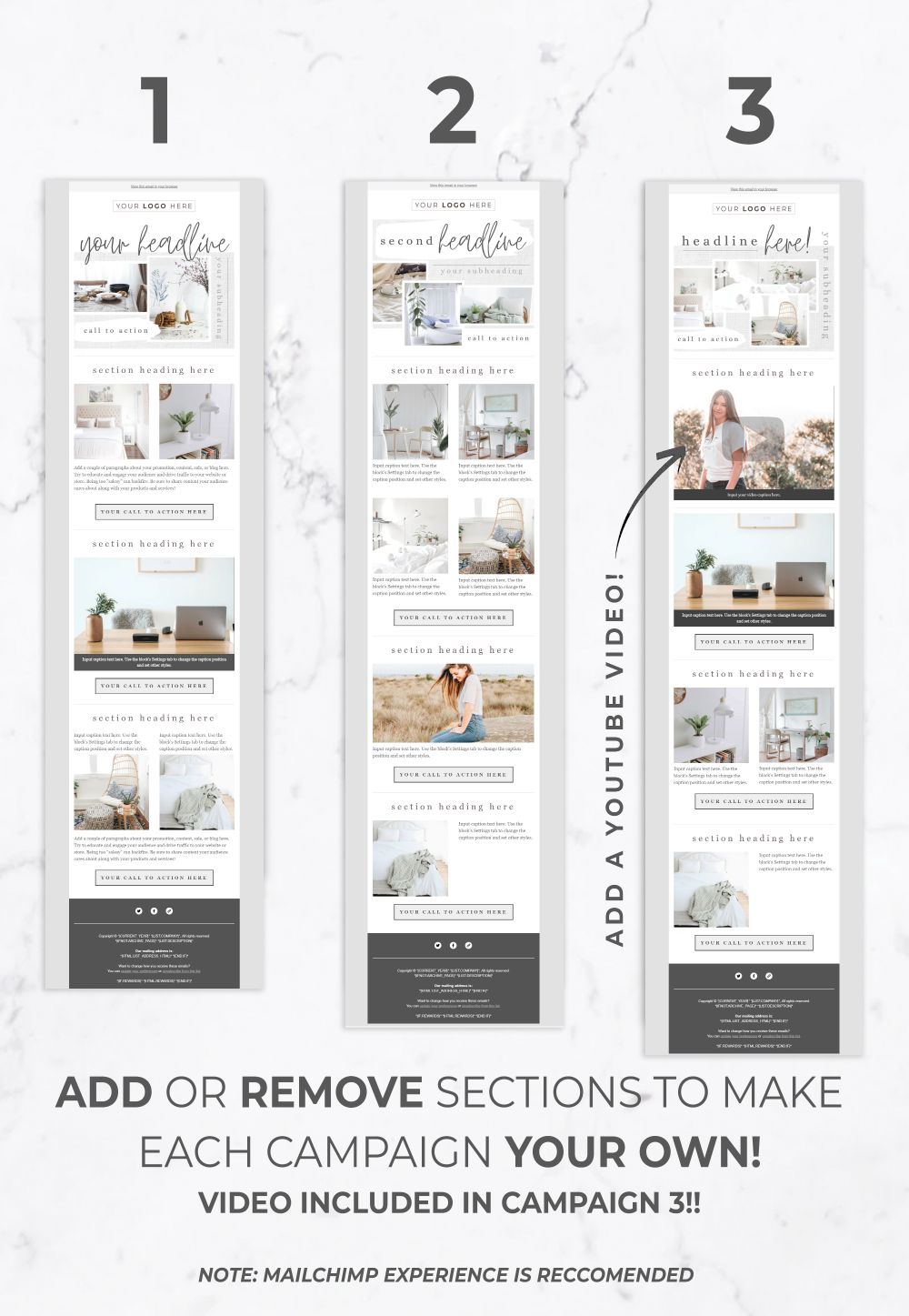 Email Template for Canva & Mailchimp - 3 Pack - White Linen