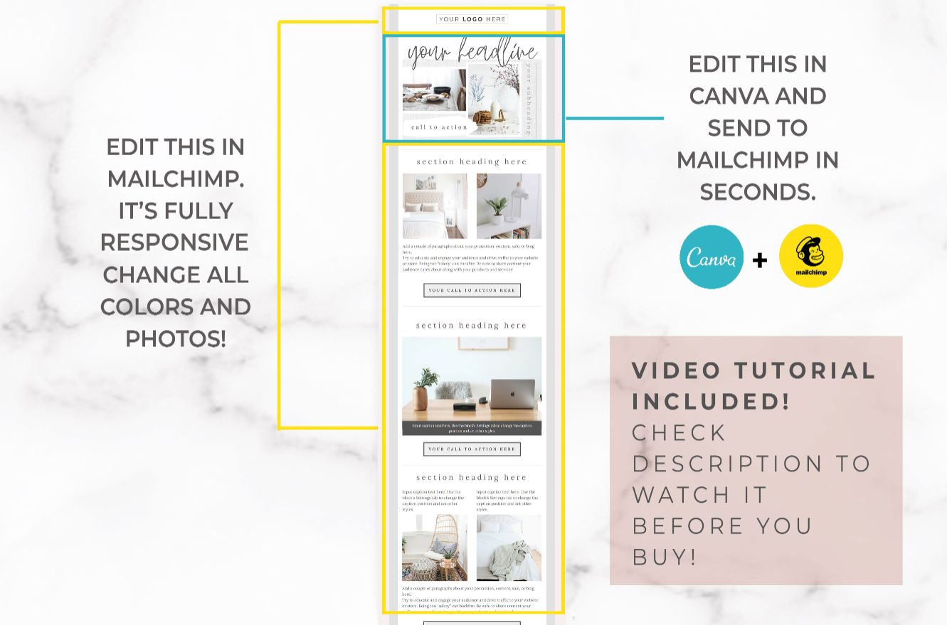 Email Template for Canva & Mailchimp – 6 Pack – White Linen