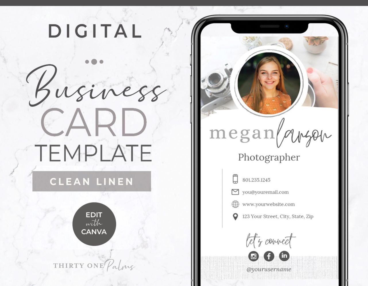 Digital Business Card Template for Canva – White Linen