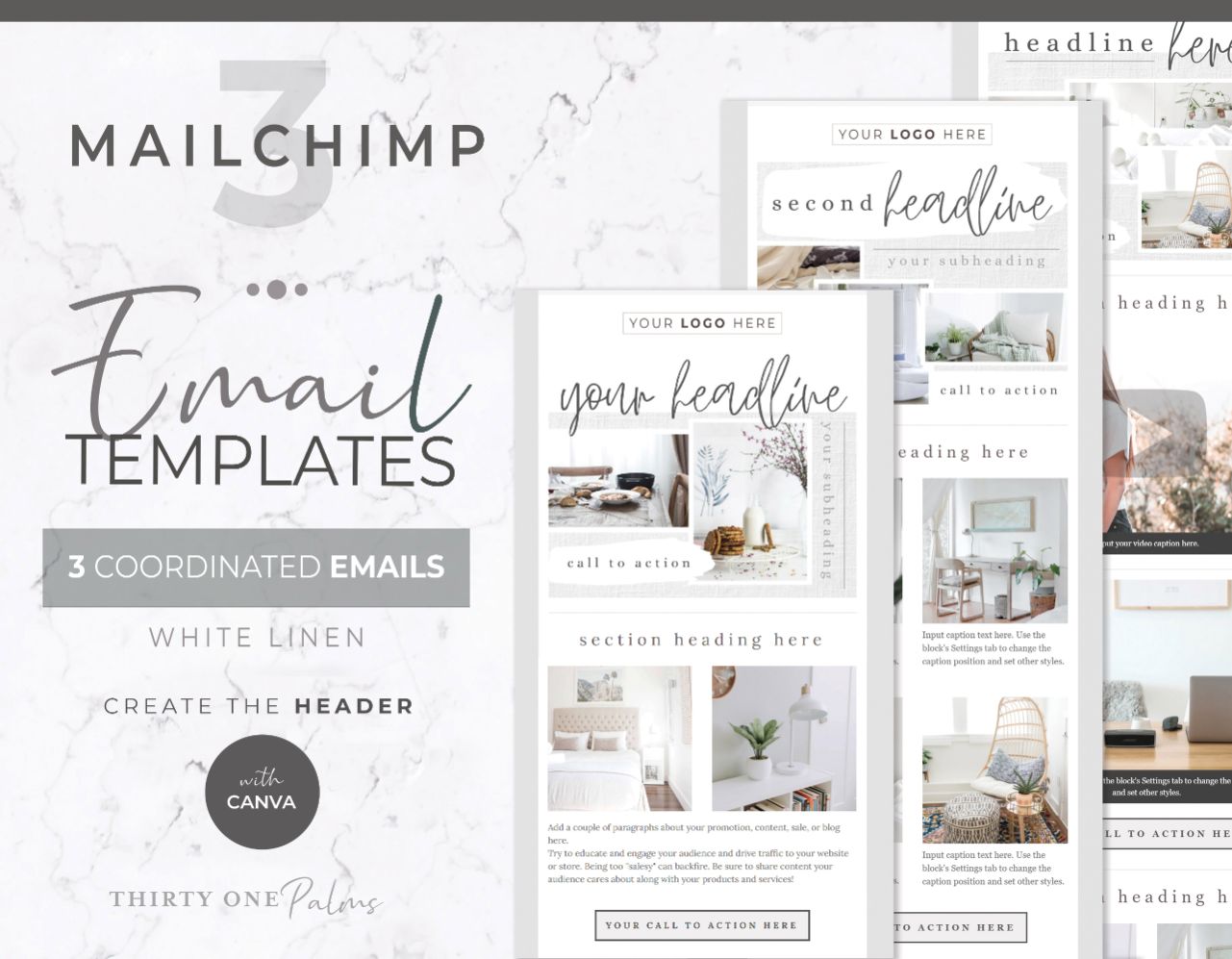 Email Template for Canva & Mailchimp – 3 Pack – White Linen