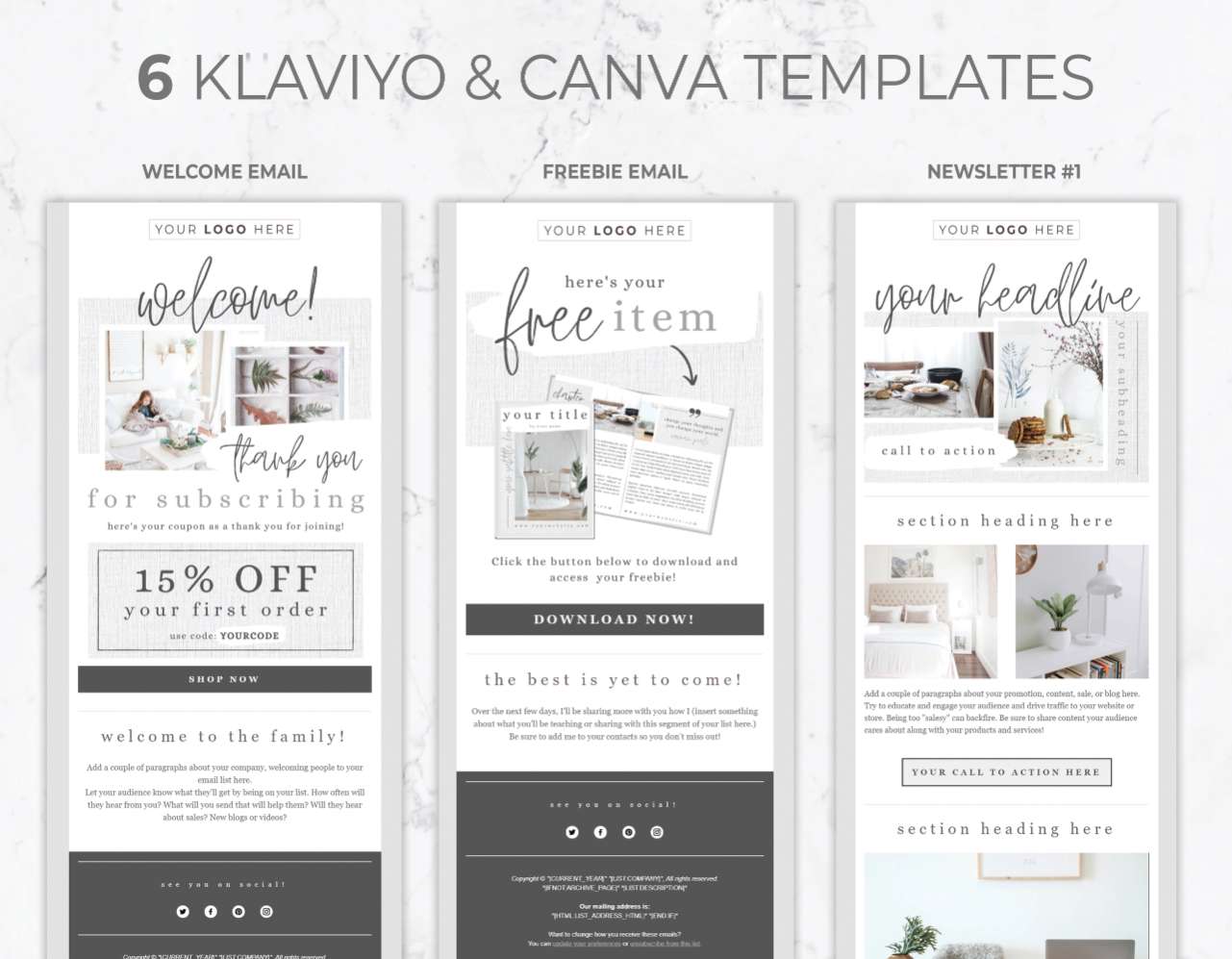 Email Template for Canva & Klaviyo – 6 Pack – White Linen