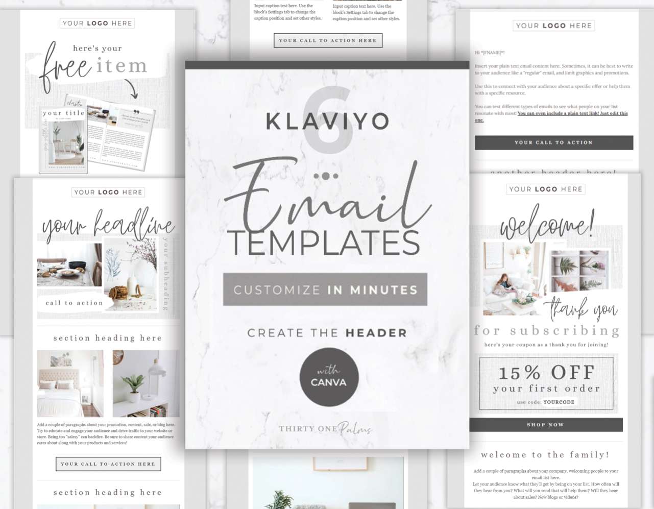 Email Template for Canva & Klaviyo – 6 Pack – White Linen