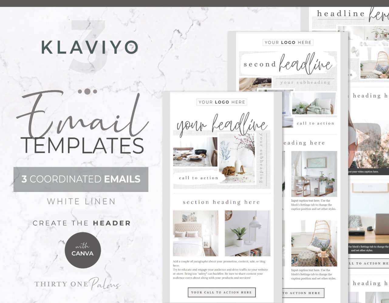 Email Template for Canva & Klaviyo – 3 Pack – White Linen
