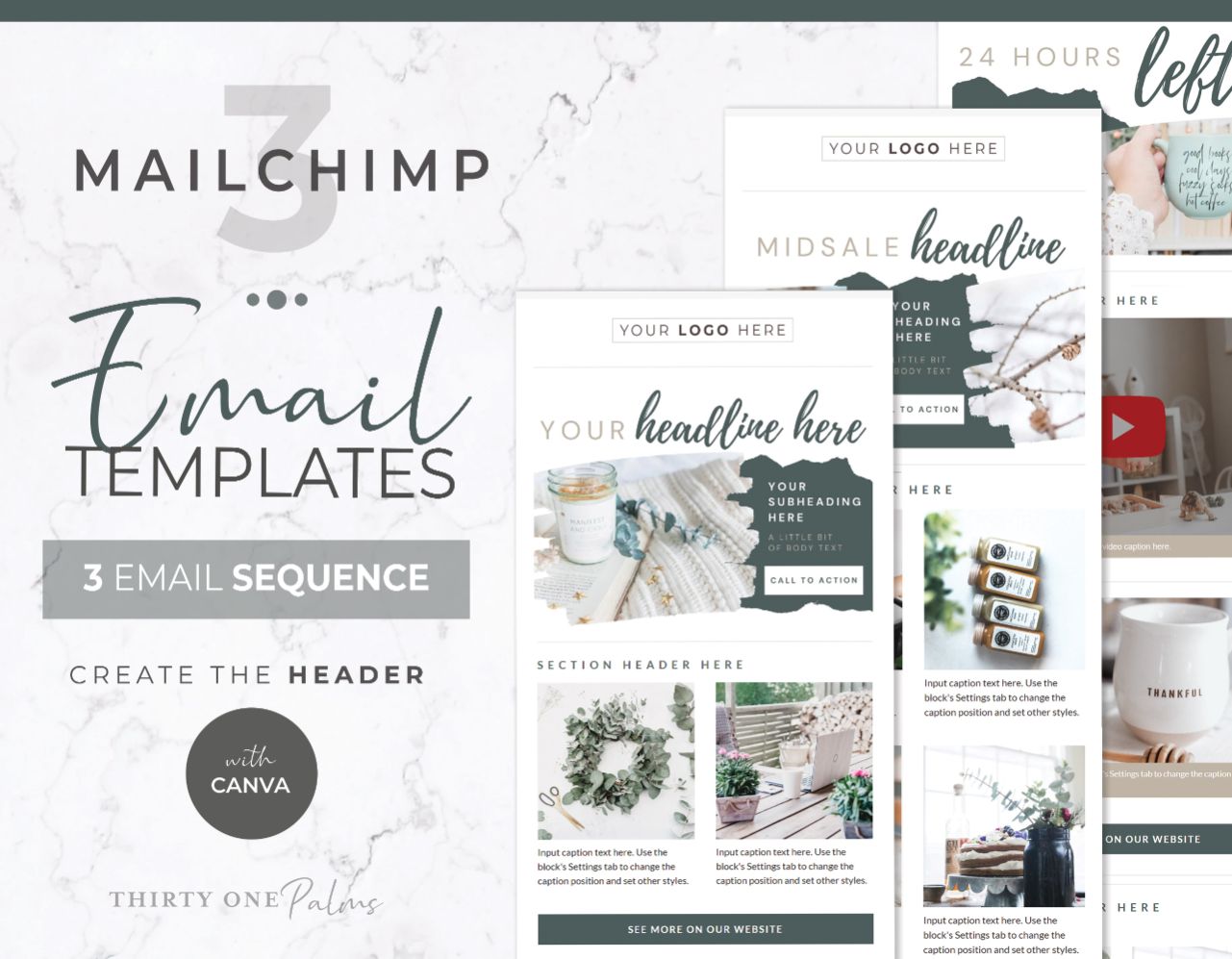 Email Template for Canva & Mailchimp - 3 Pack Rustic Green Gold