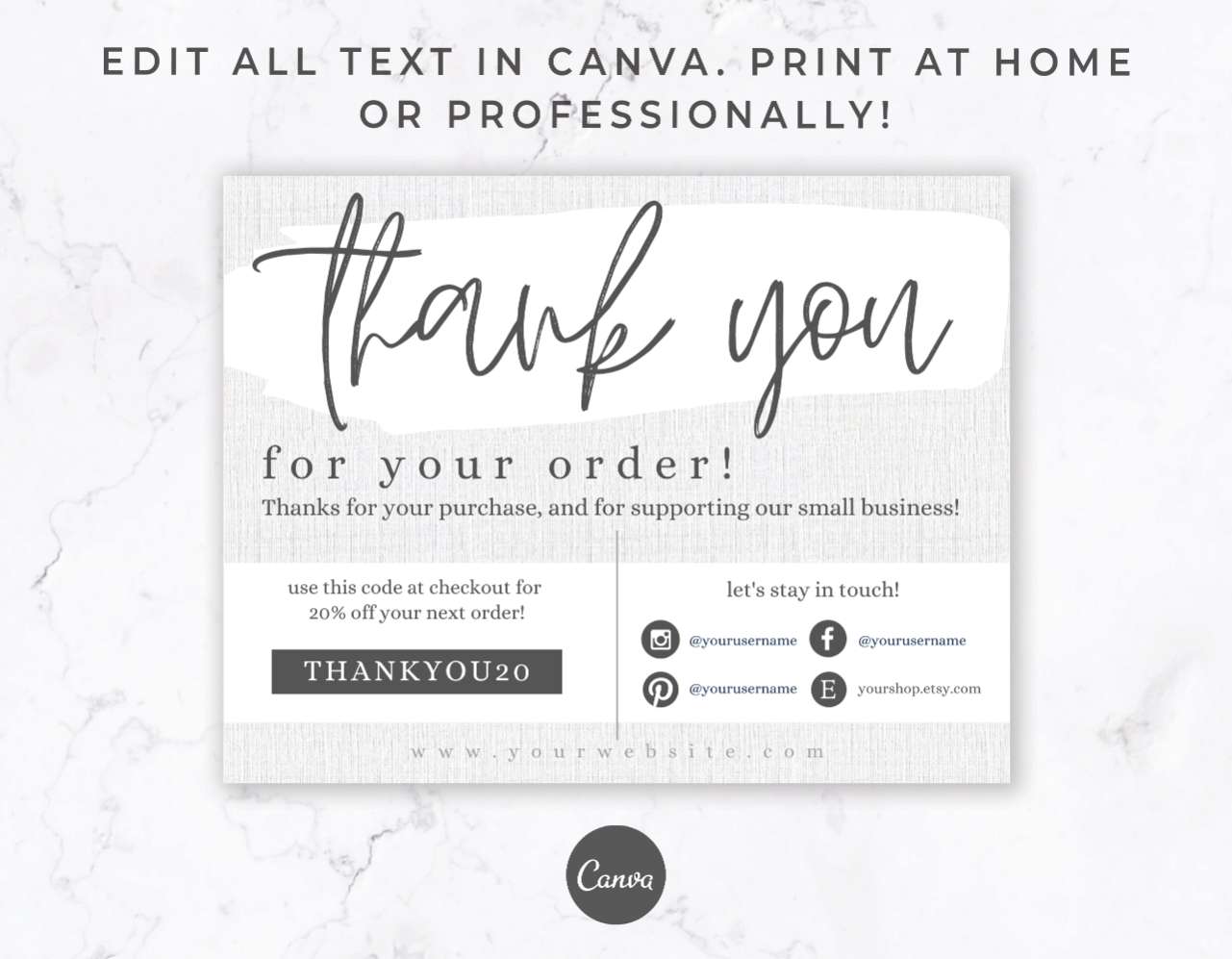 Thank You Order Card for Canva – White Linen