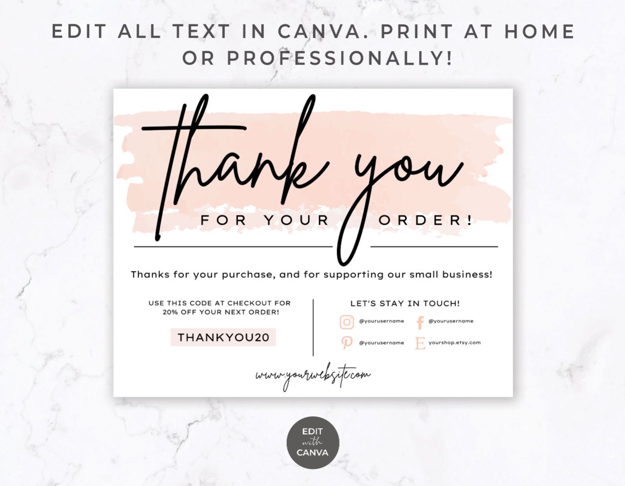 Thank You Order Card for Canva – Peach & Black