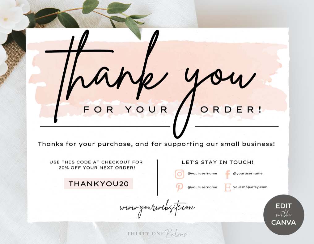 Thank You Order Card for Canva – Peach & Black