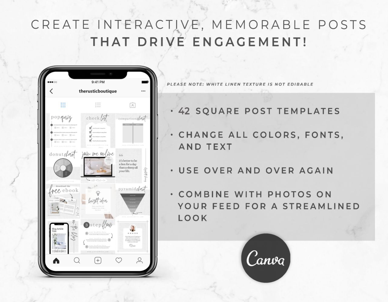 60 Piece Instagram Post Template Set for Canva – White Linen