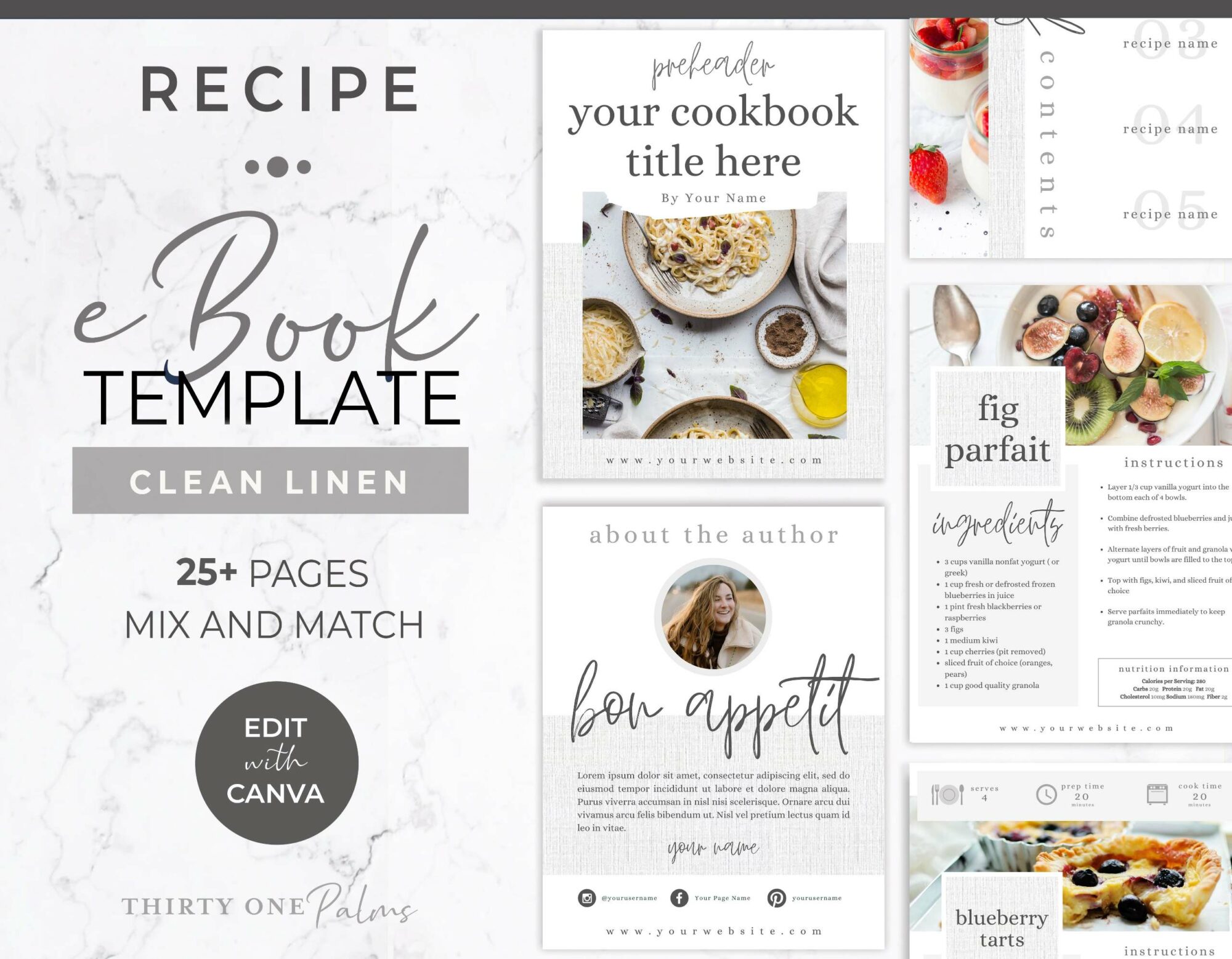 Recipe eBook Template for Canva – White Linen