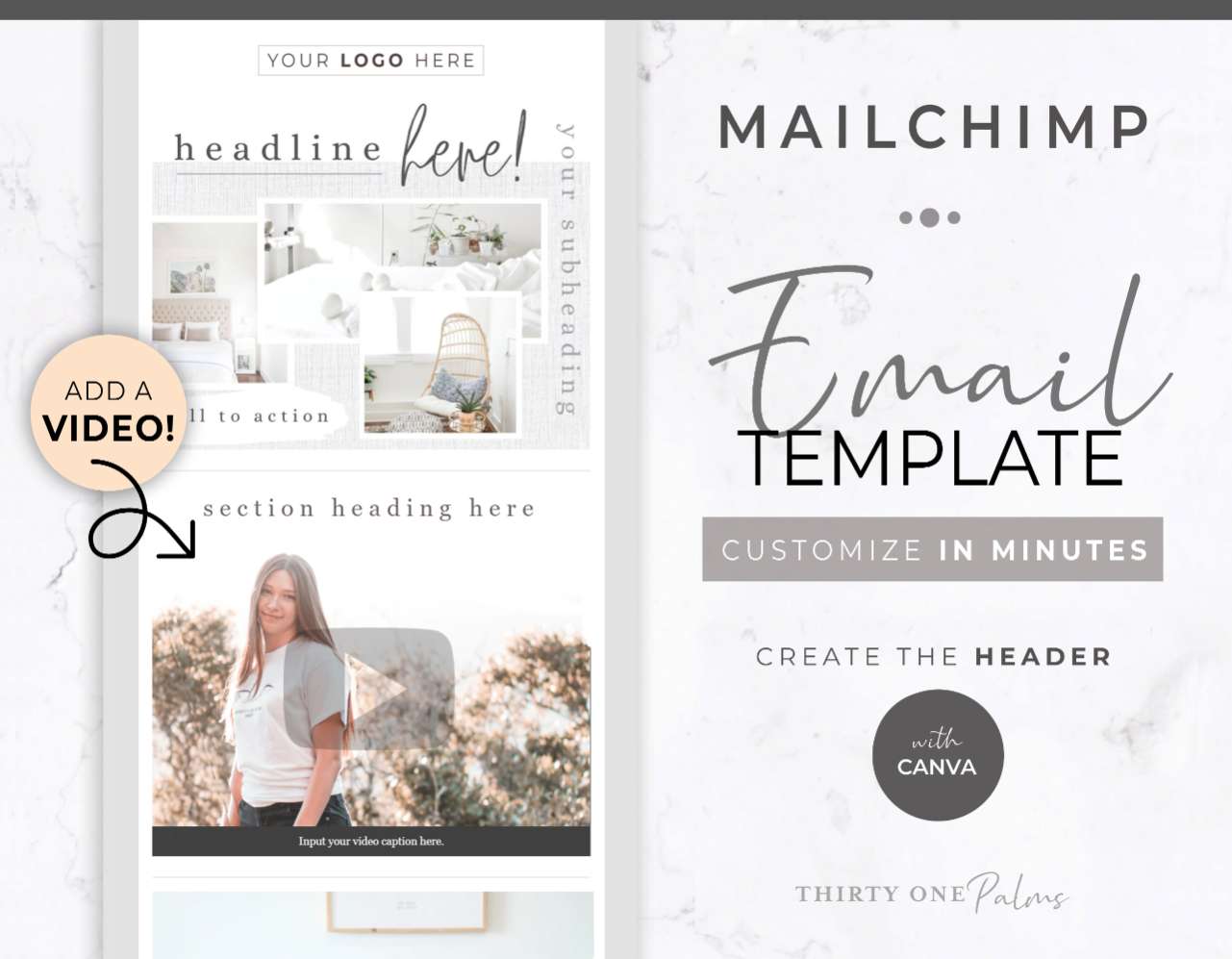 Email Video Template for Canva & Mailchimp – White Linen