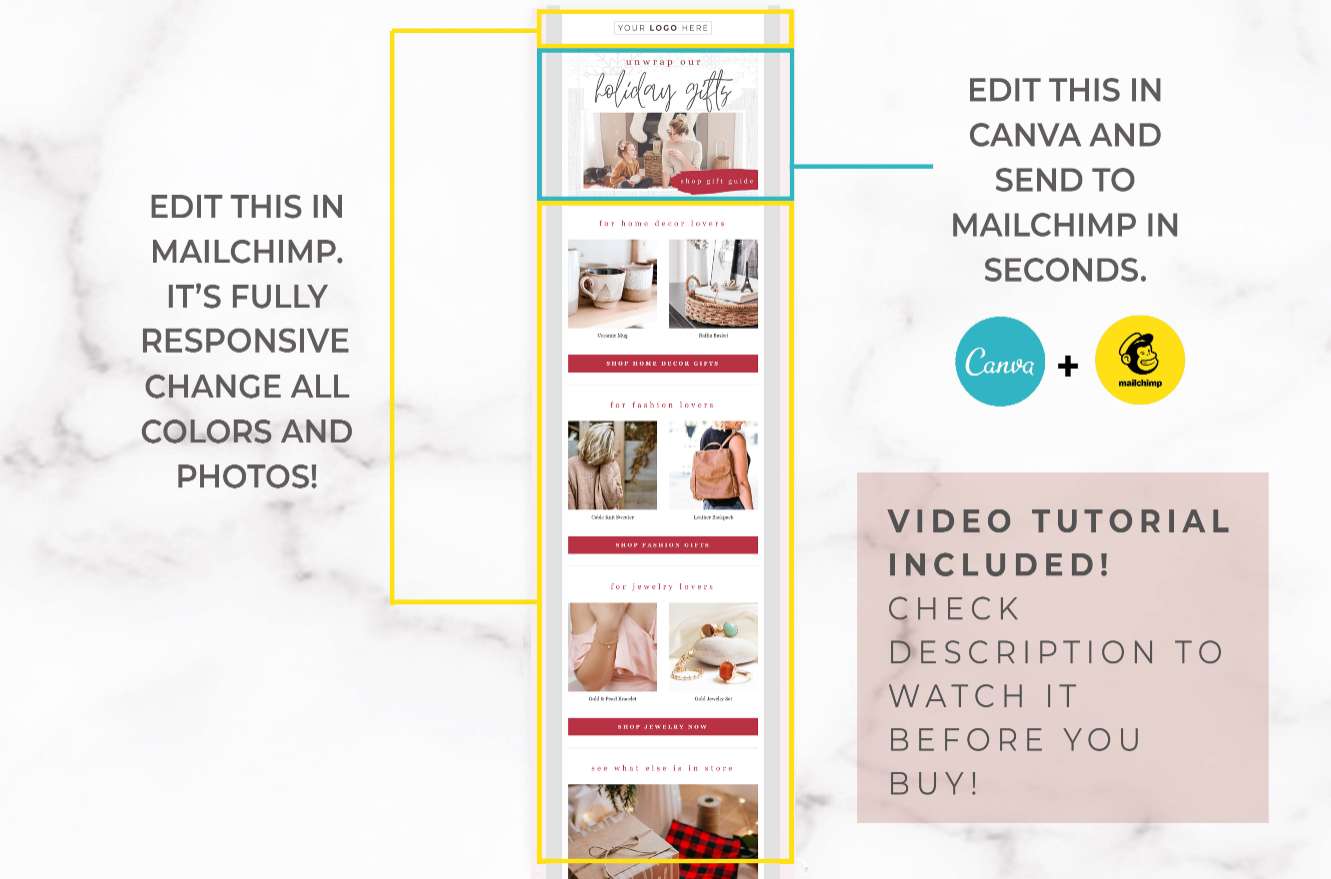 Holiday Email Gift Guide Template for Canva & Mailchimp – White Linen