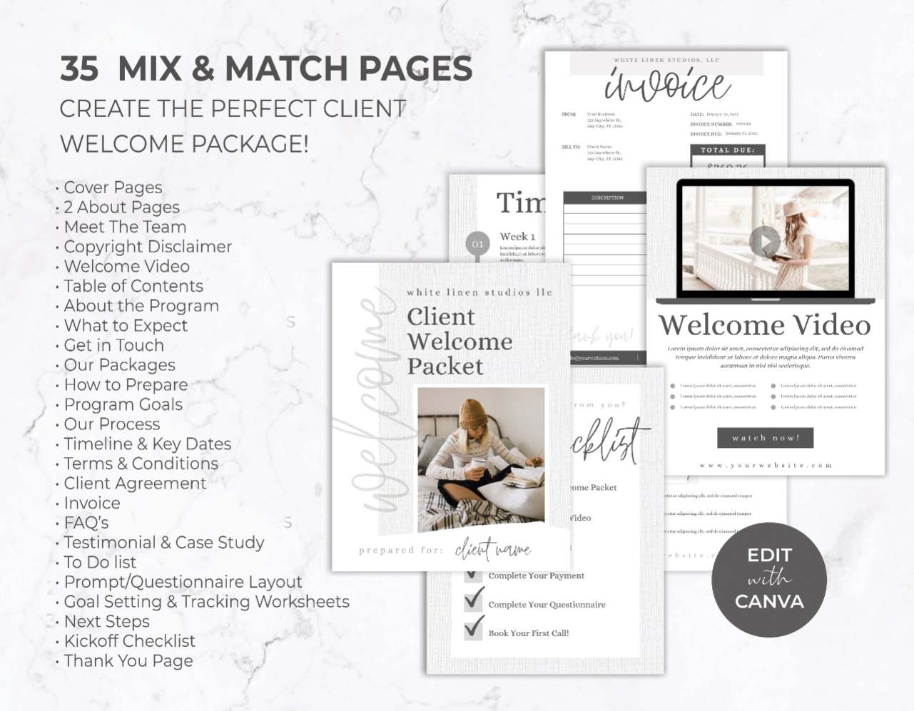Client Welcome Packet Template for Canva – White Linen