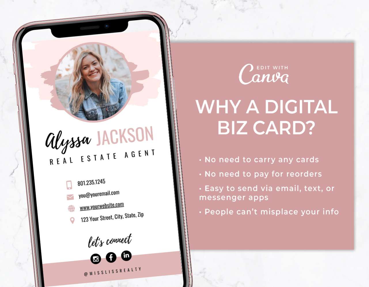 Digital Business Card Template for Canva – Blush & Black