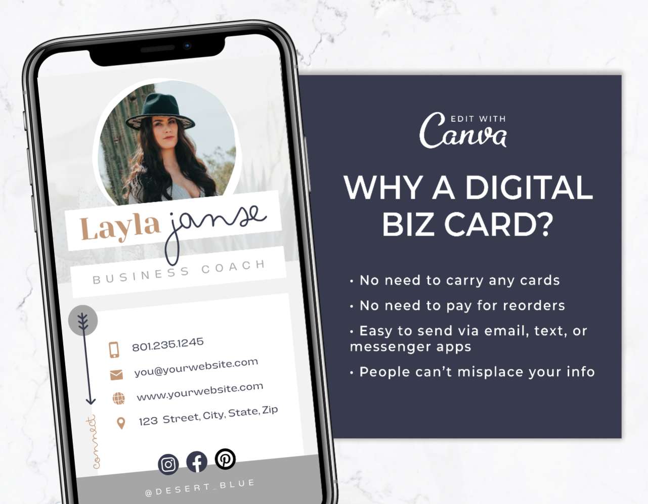 Digital Business Card Template for Canva – Desert Blue
