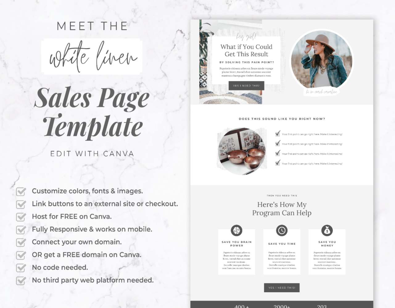 Sales Page Template for Canva – White Linen