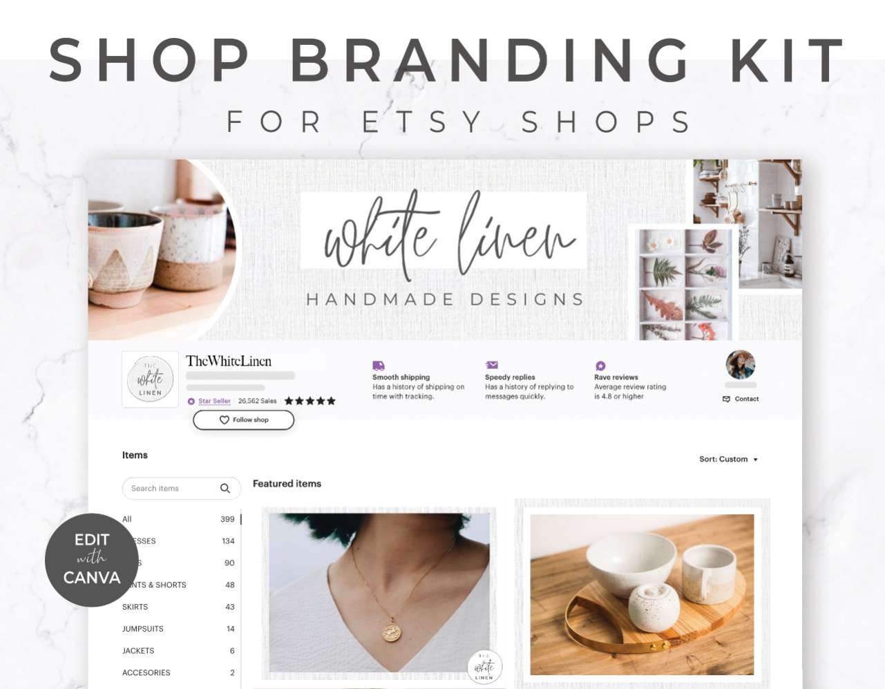 Etsy Shop Branding Kit for Canva – White Linen