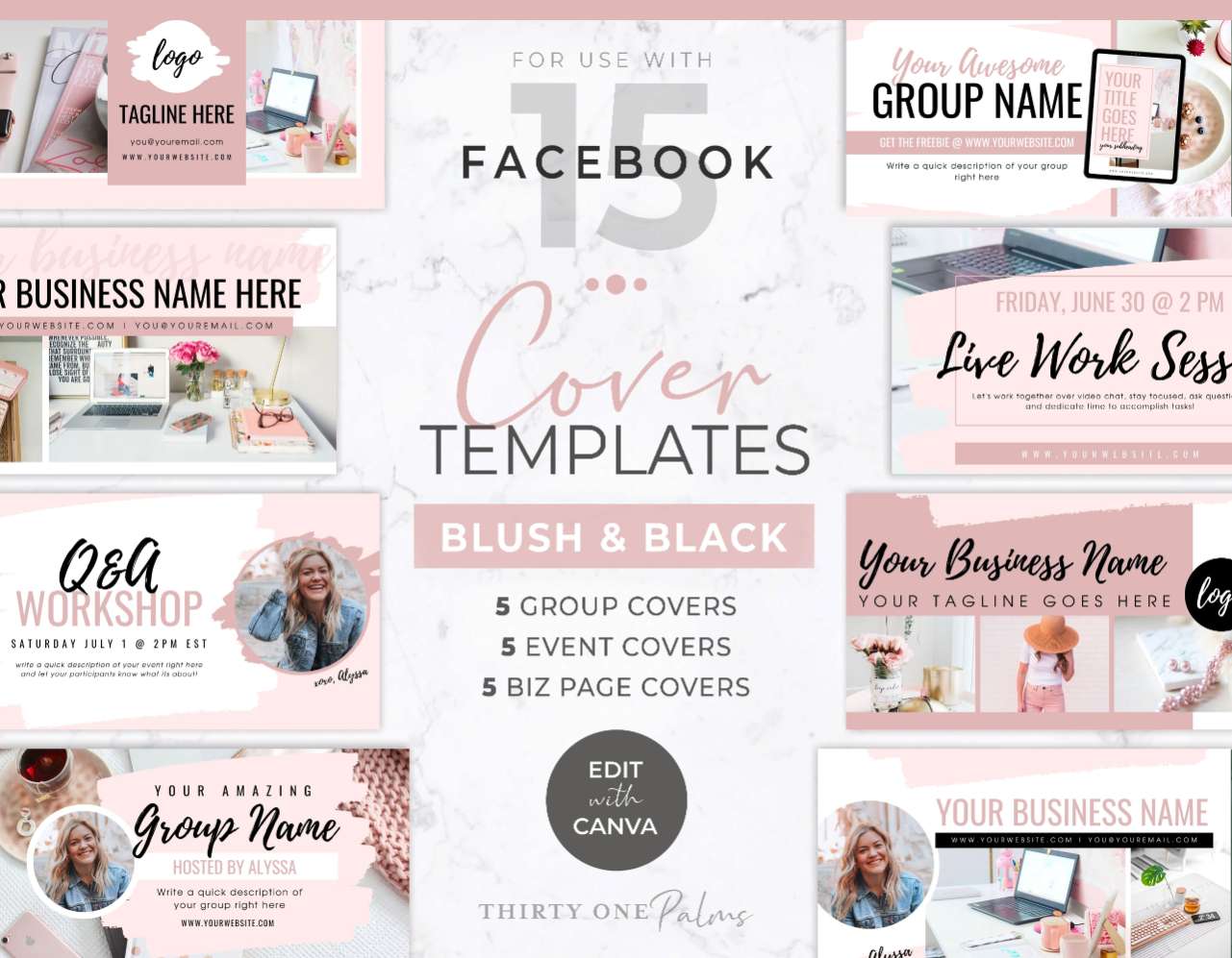Facebook Cover Templates for Canva - Blush & Black