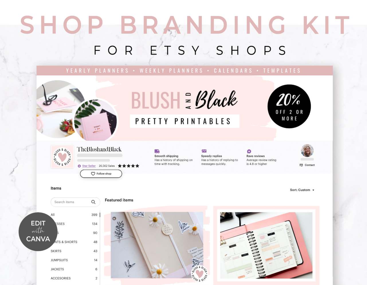 Etsy Shop Branding Kit for Canva – Blush & Black