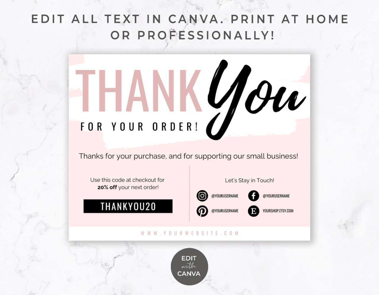 Thank You Order Card for Canva - Blush & Black