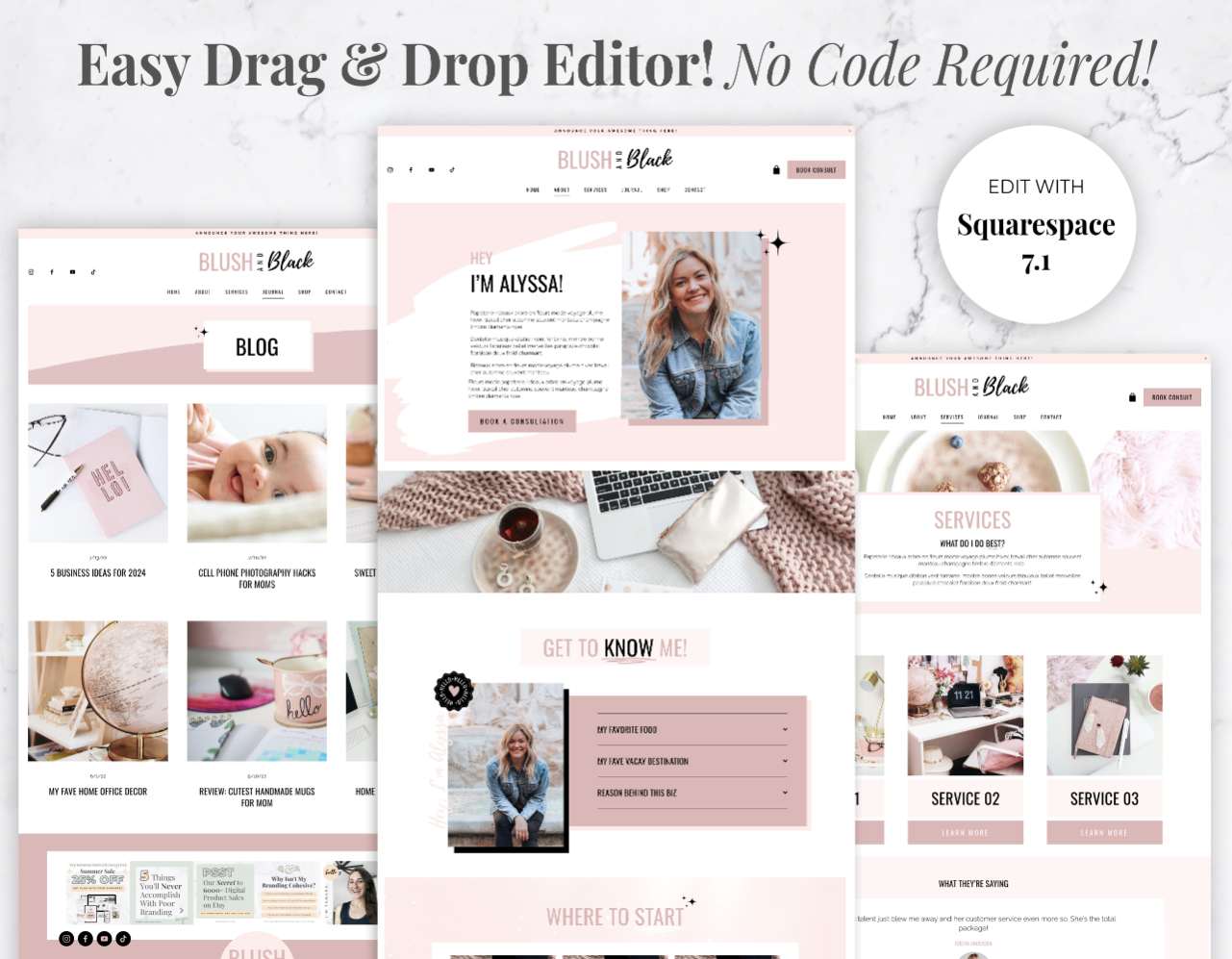 Website Template for Squarespace – Blush & Black