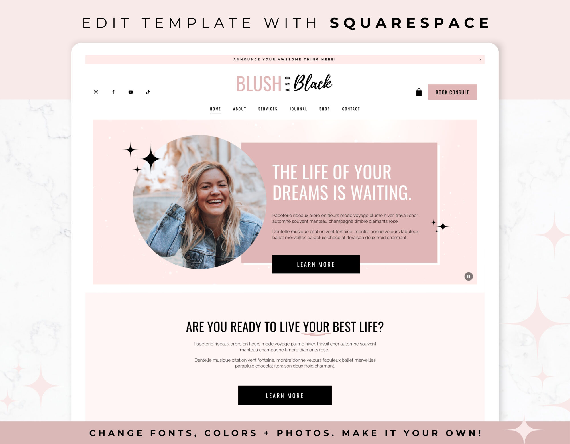 Website Template for Squarespace – Blush & Black