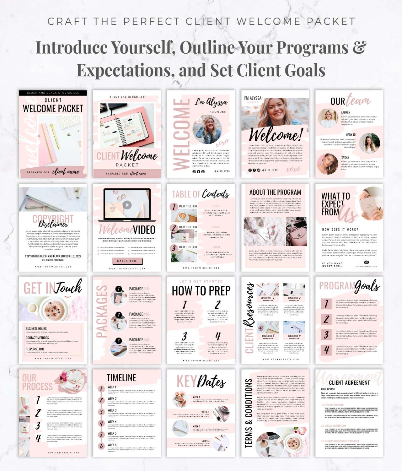 Client Welcome Packet Template for Canva – Blush & Black