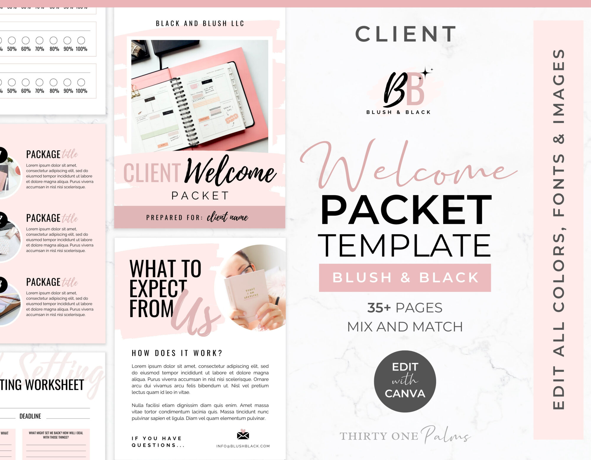 Client Welcome Packet Template for Canva – Blush & Black